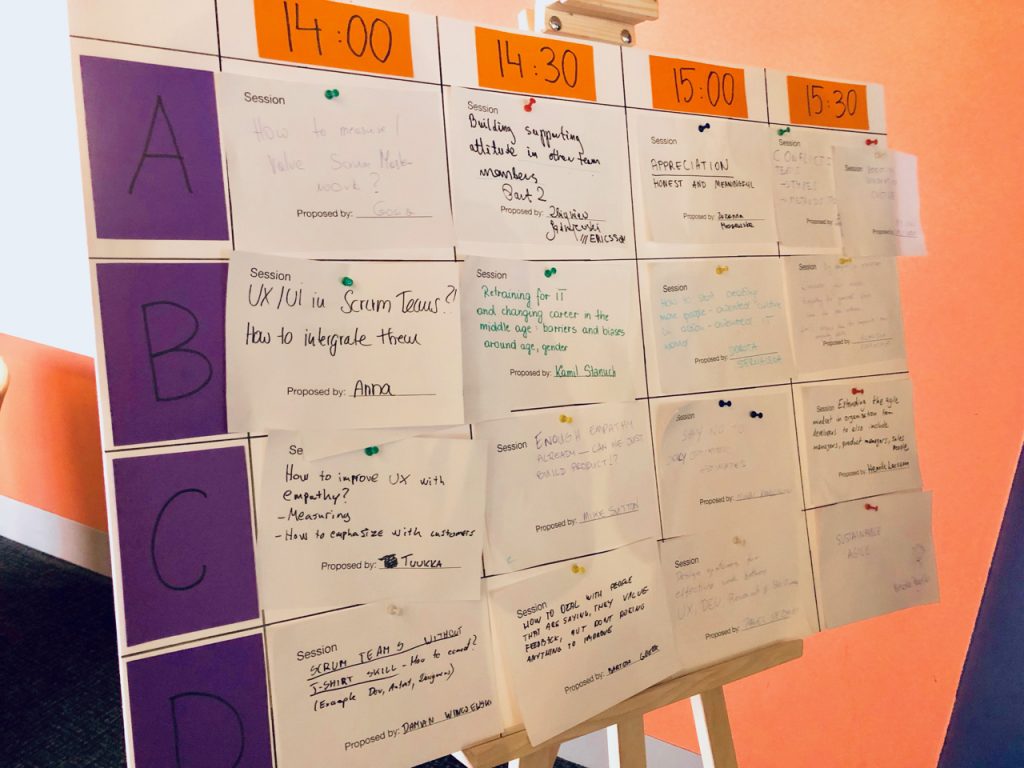 board with times for an open space event on agile conference